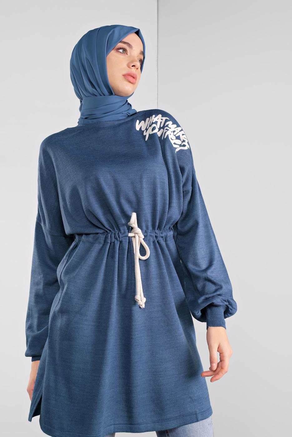 Tesettür giyim LACİVERT BASKILI BAĞCIKLI TRİKO TUNİK 61441 