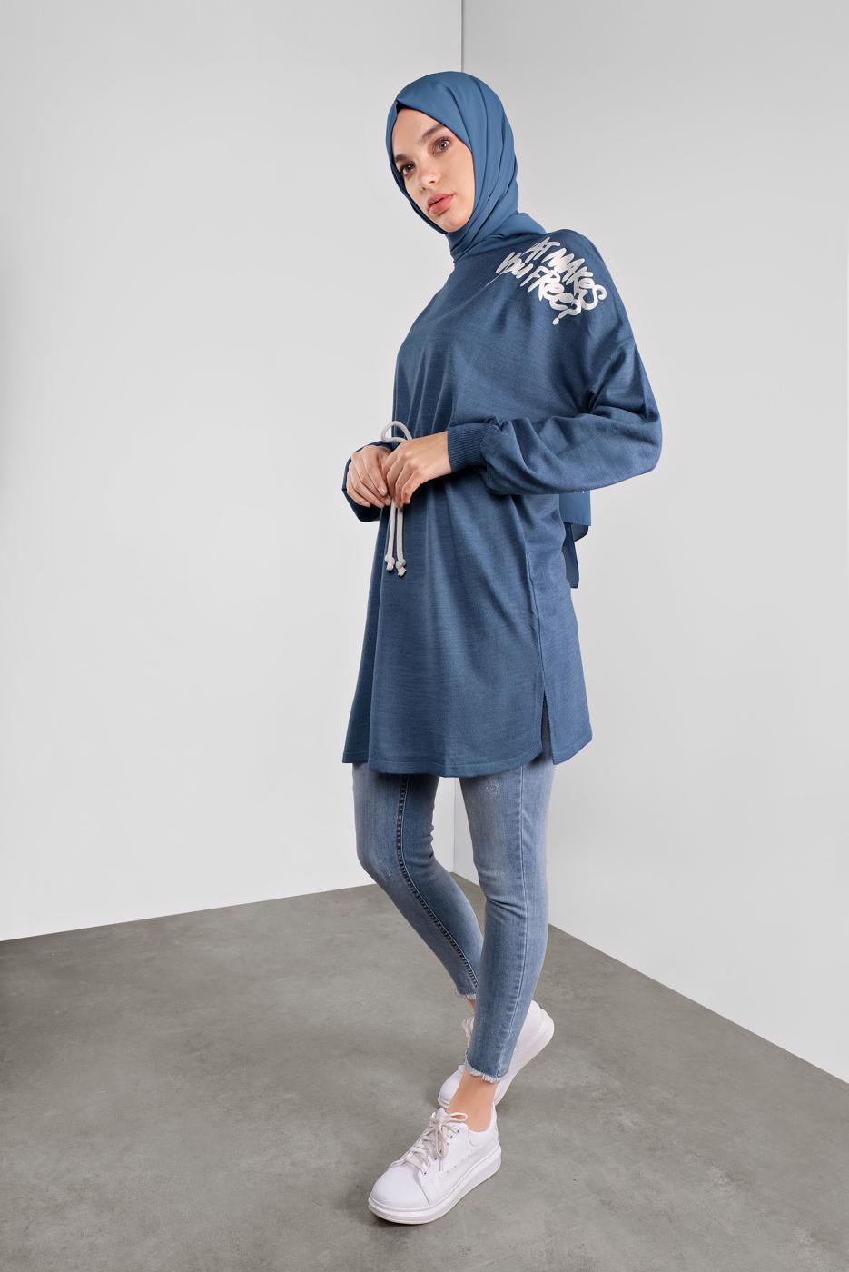 Tesettür giyim LACİVERT BASKILI BAĞCIKLI TRİKO TUNİK 61441 