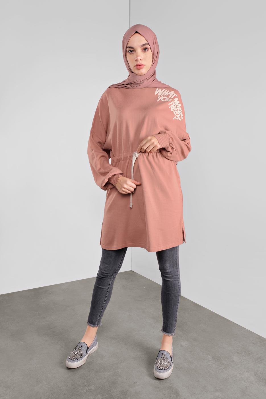 Tesettür giyim PUDRA BASKILI BAĞCIKLI TRİKO TUNİK 61441 