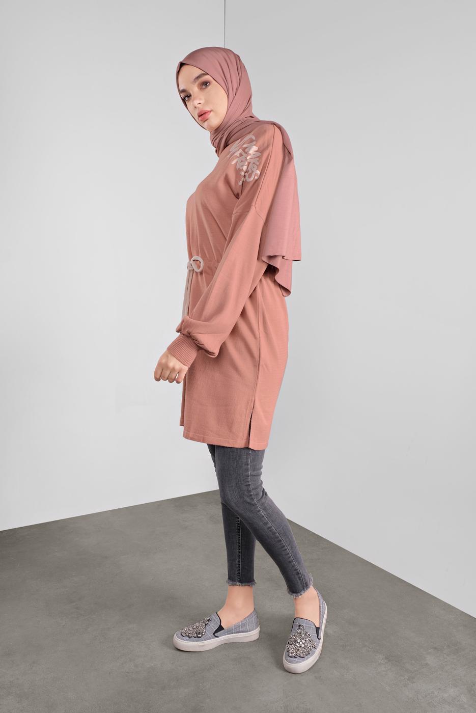 Tesettür giyim PUDRA BASKILI BAĞCIKLI TRİKO TUNİK 61441 