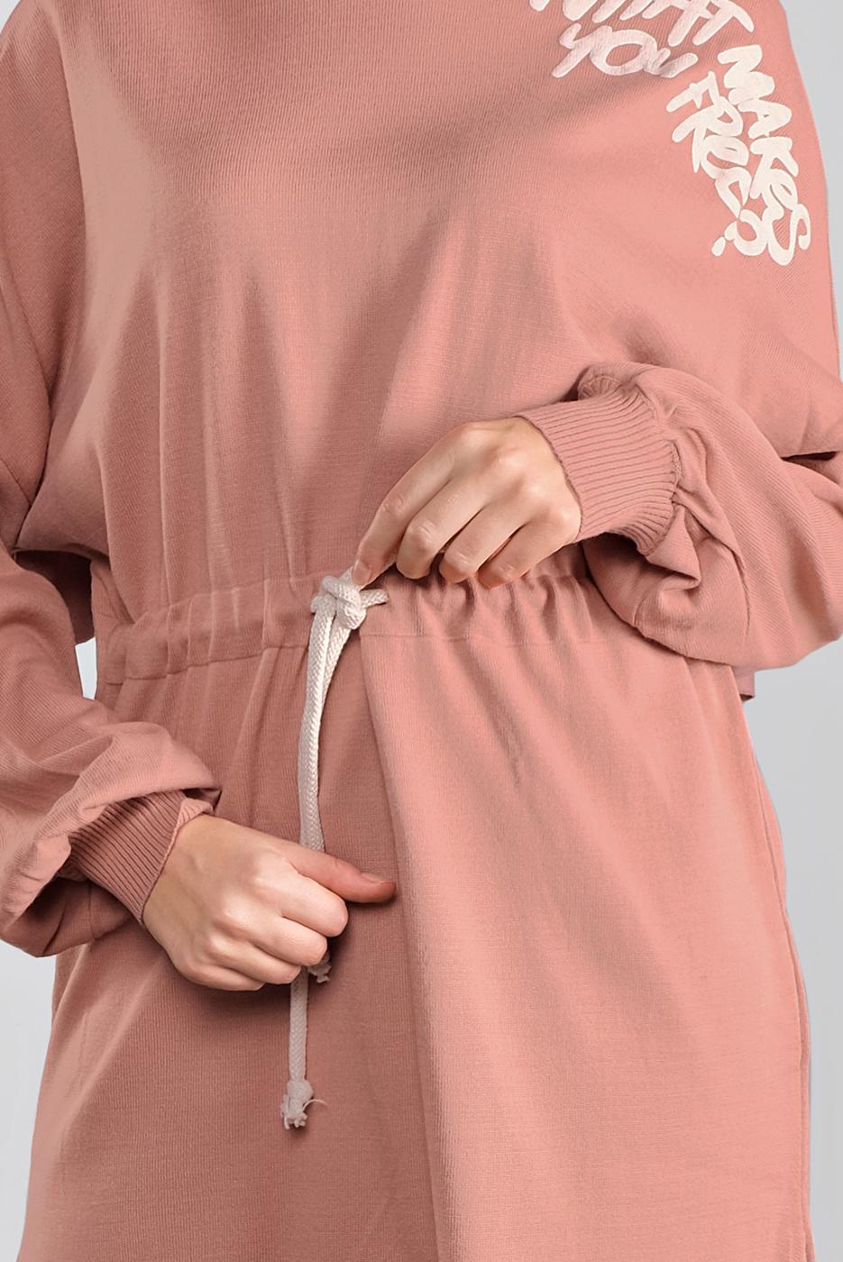 Tesettür giyim PUDRA BASKILI BAĞCIKLI TRİKO TUNİK 61441 