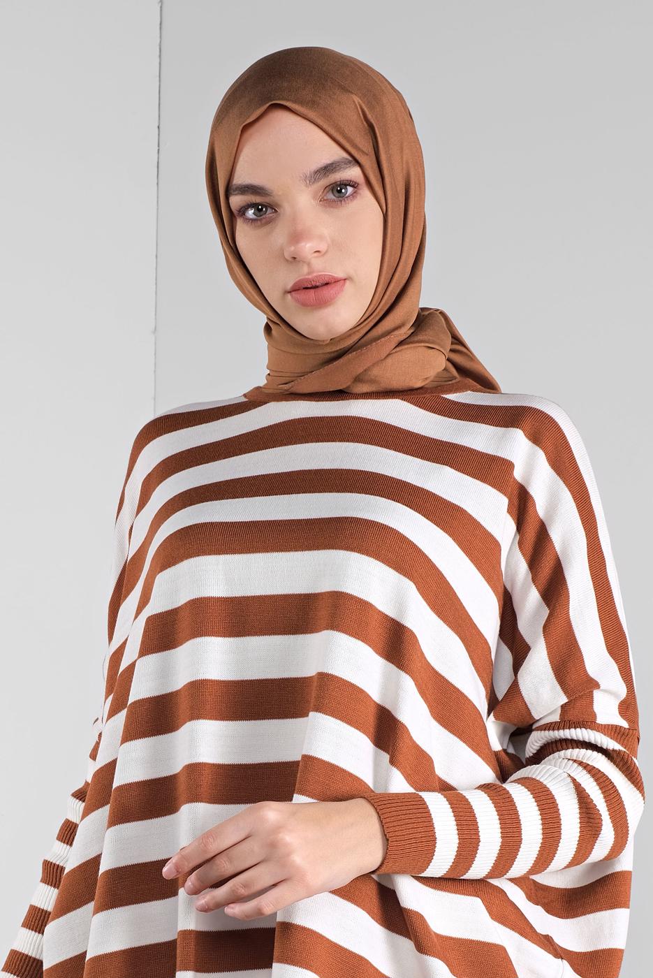 Tesettür giyim KAHVE ÇİZGİLİ TRİKO TUNİK  65441 