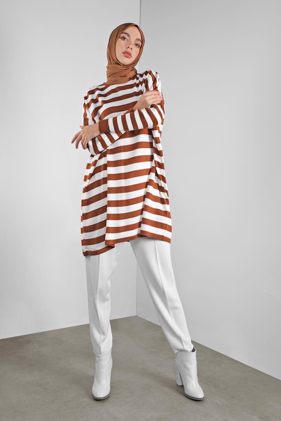 Tesettür giyim KAHVE ÇİZGİLİ TRİKO TUNİK  65441 