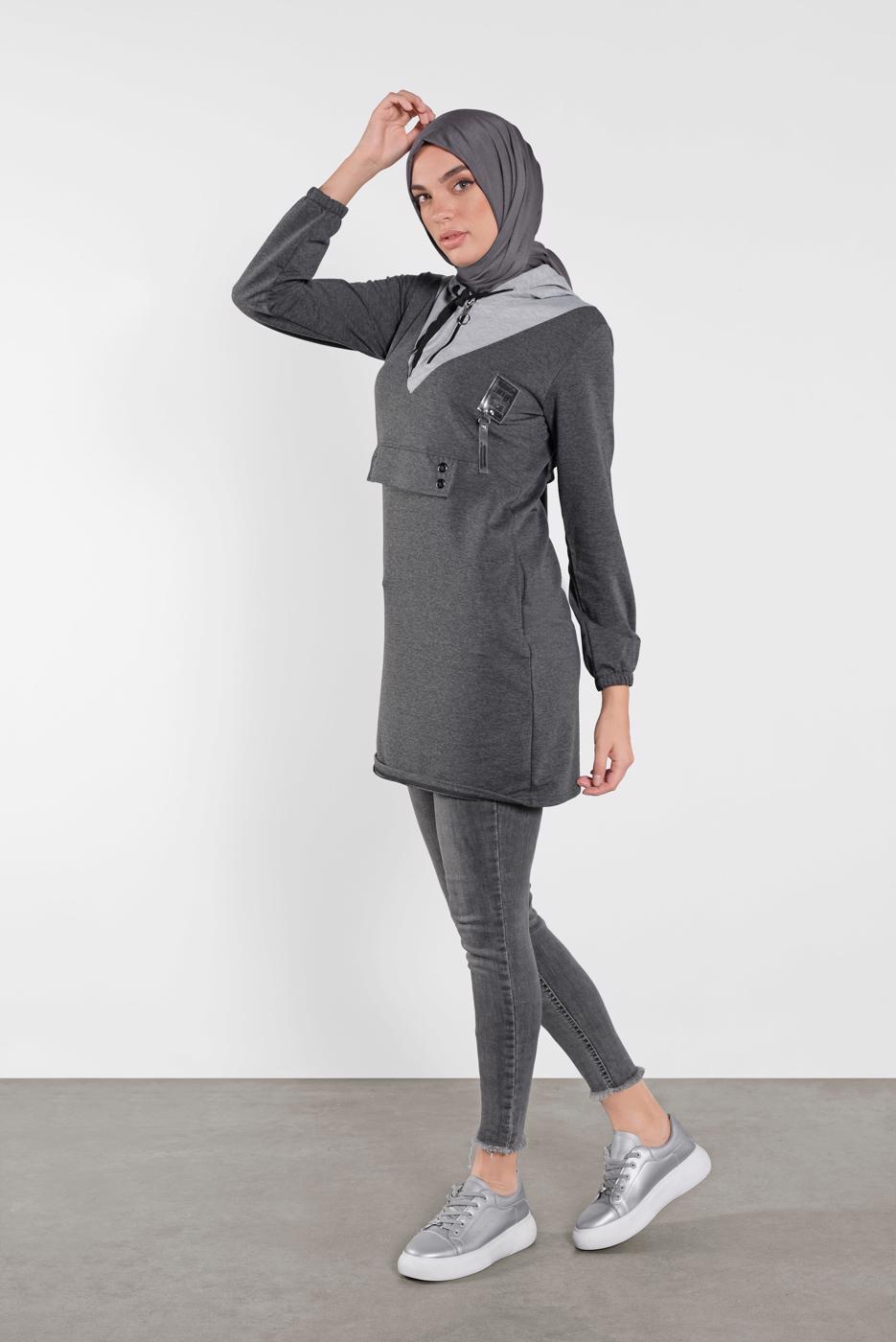 Hijab clothing GREY HOODED SPORT TUNIC 0302