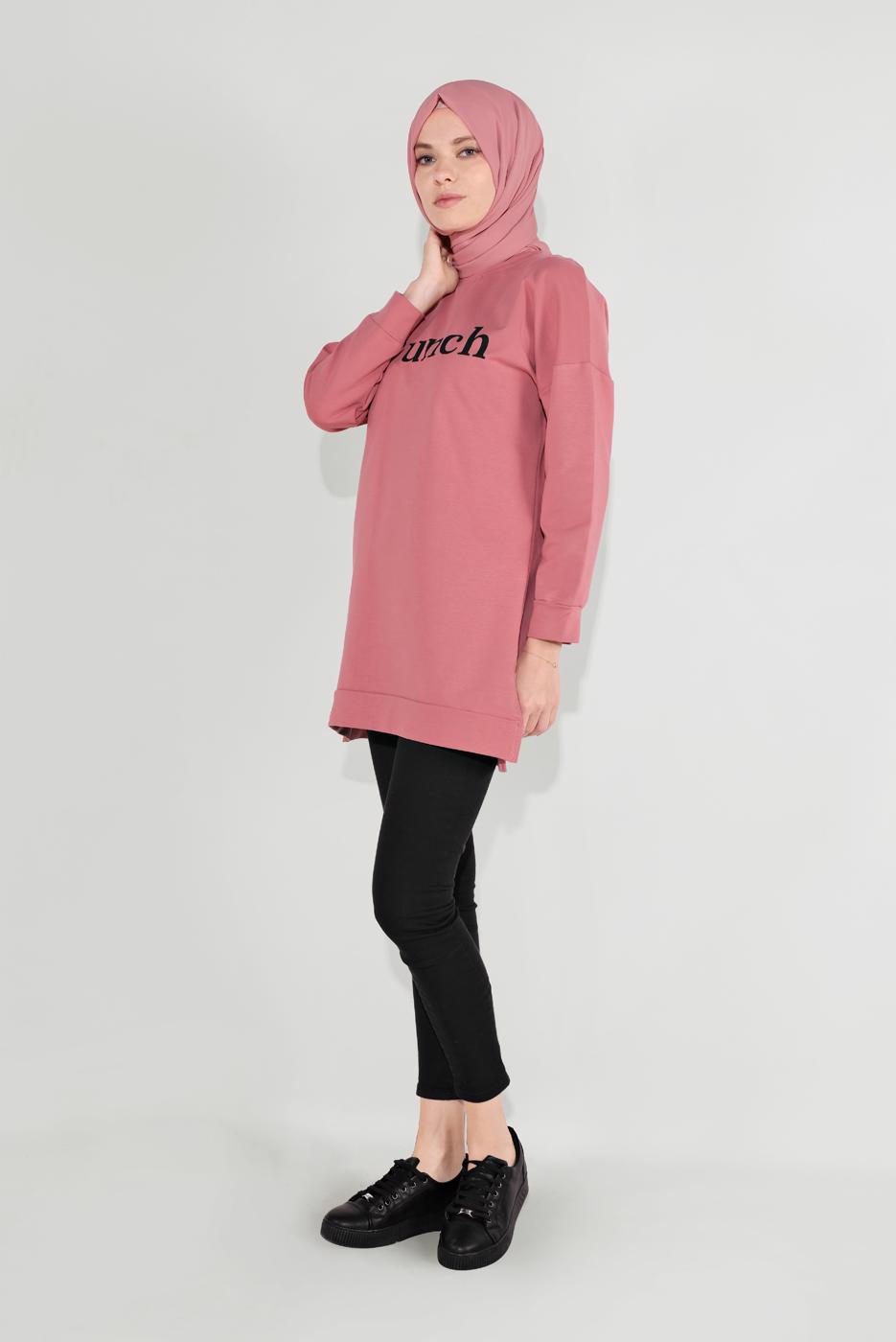 Tesettür giyim PEMBE BASKILI TUNİK 1001