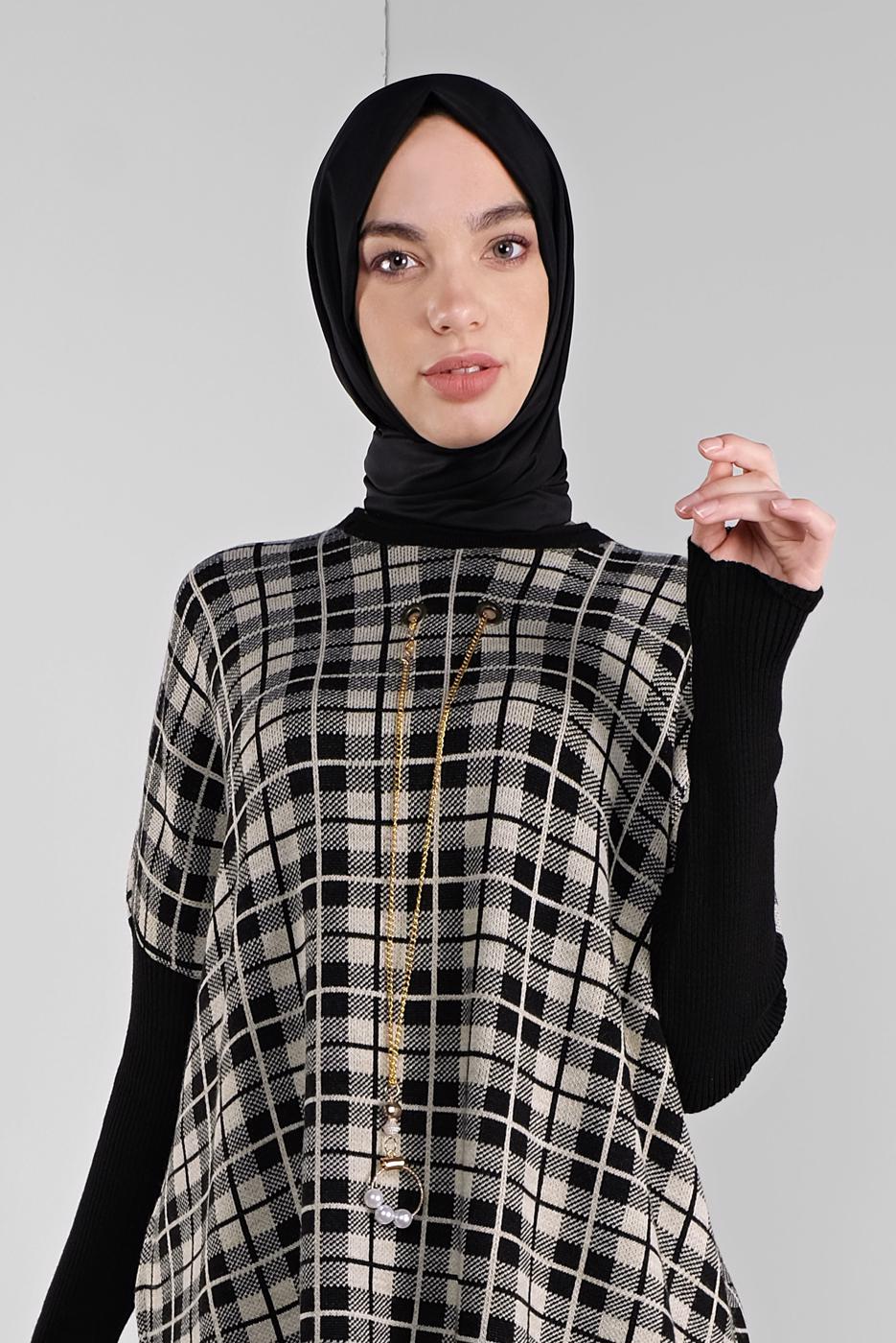 Tesettür giyim BEJ KARELİ TRİKO TUNİK 1002 