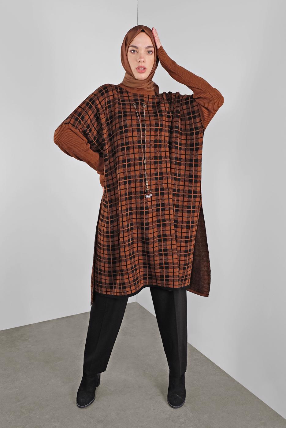 Tesettür giyim TABA KARELİ TRİKO TUNİK 1002 