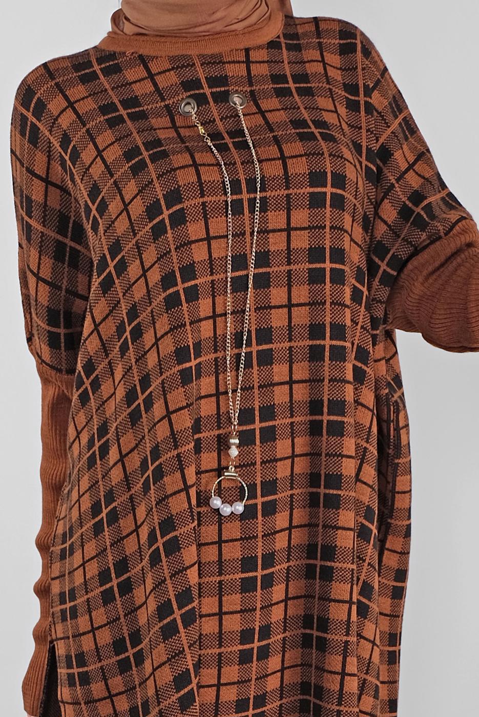 Tesettür giyim TABA KARELİ TRİKO TUNİK 1002 