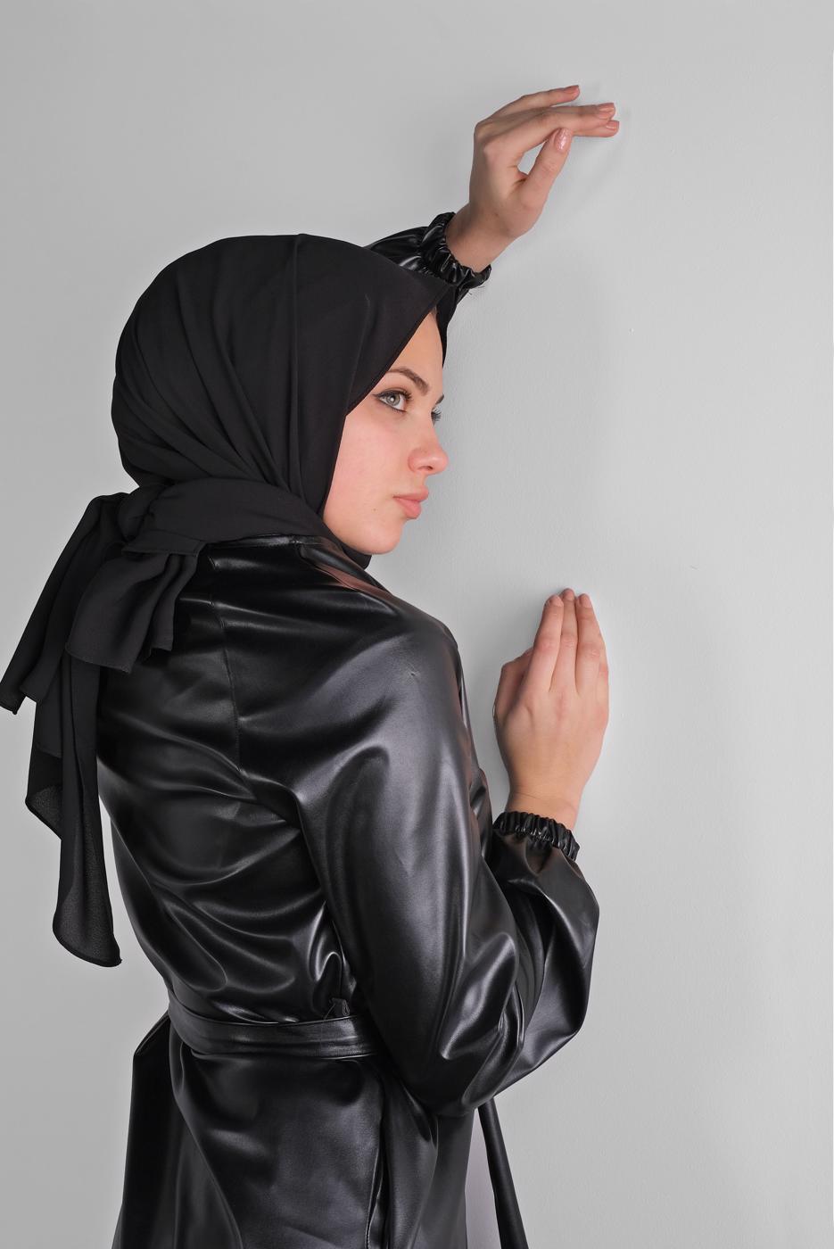 Tesettür giyim SİYAH BELİ KUŞAKLI DERİ TUNİK 1234 