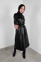 Tesettür giyim SİYAH BELİ KUŞAKLI DERİ TUNİK 1234 