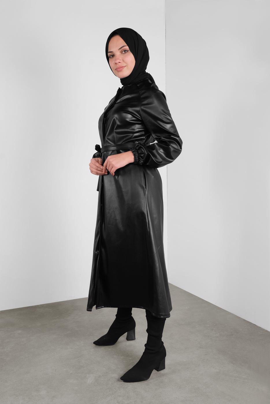 Tesettür giyim SİYAH BELİ KUŞAKLI DERİ TUNİK 1234 