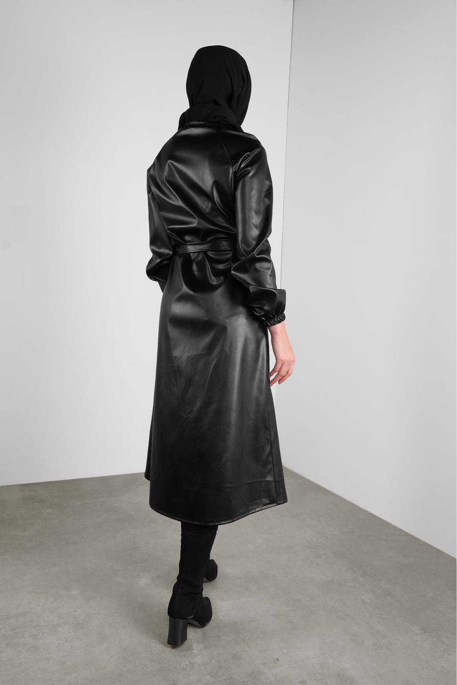 Tesettür giyim SİYAH BELİ KUŞAKLI DERİ TUNİK 1234 