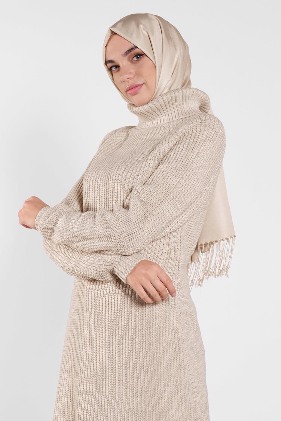 Tesettür giyim BEJ BOĞAZLI  TRİKO TUNİK 1302