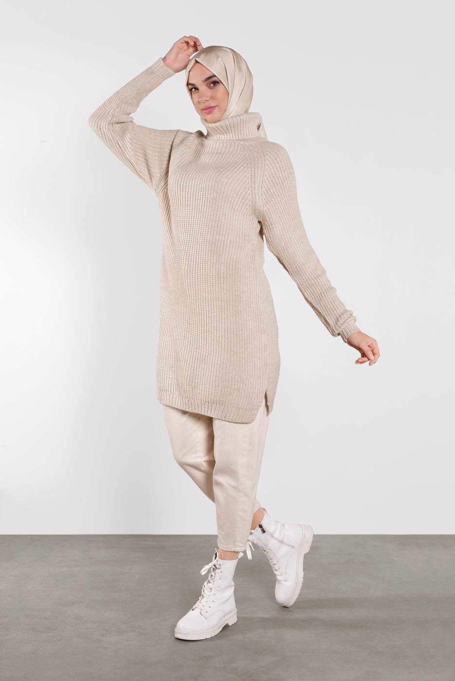 Tesettür giyim BEJ BOĞAZLI  TRİKO TUNİK 1302