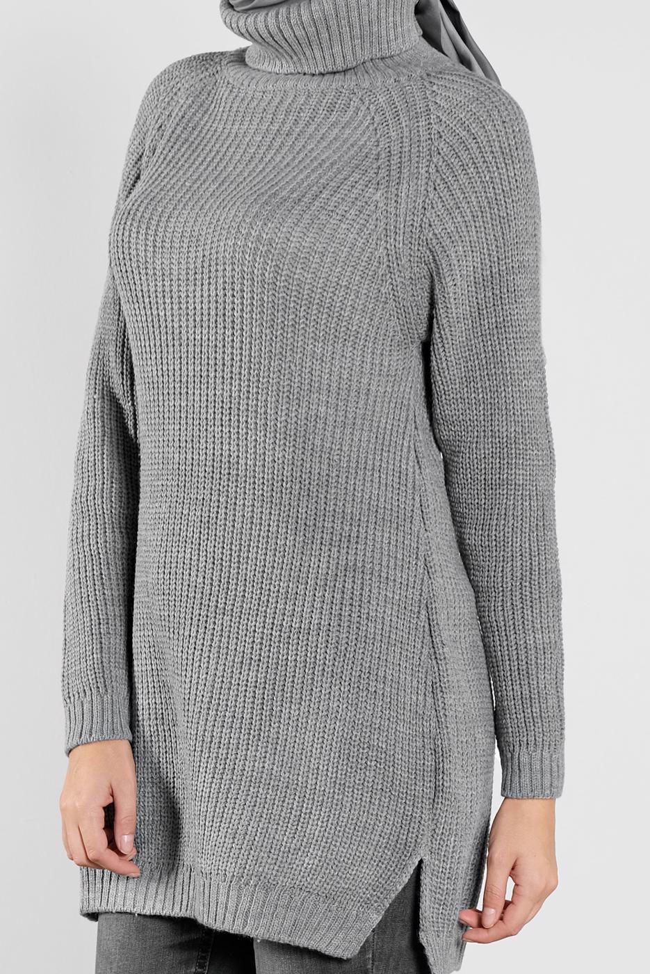 Tesettür giyim GRİ BOĞAZLI  TRİKO TUNİK 1302