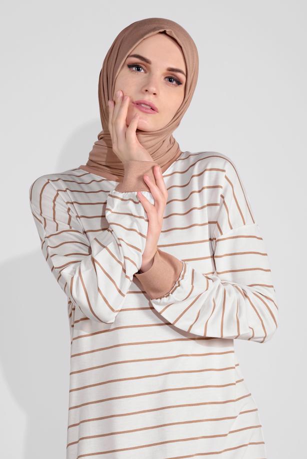 Vêtements hijab ÉCRU TUNIQUE À RAYURES 2736 - TRENDTESETTÜR