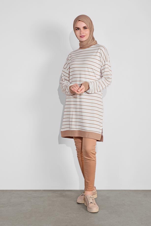Vêtements hijab ÉCRU TUNIQUE À RAYURES 2736 - TRENDTESETTÜR