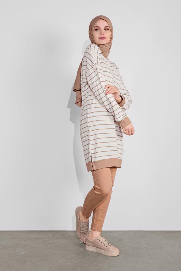 Vêtements hijab ÉCRU TUNIQUE À RAYURES 2736 - TRENDTESETTÜR