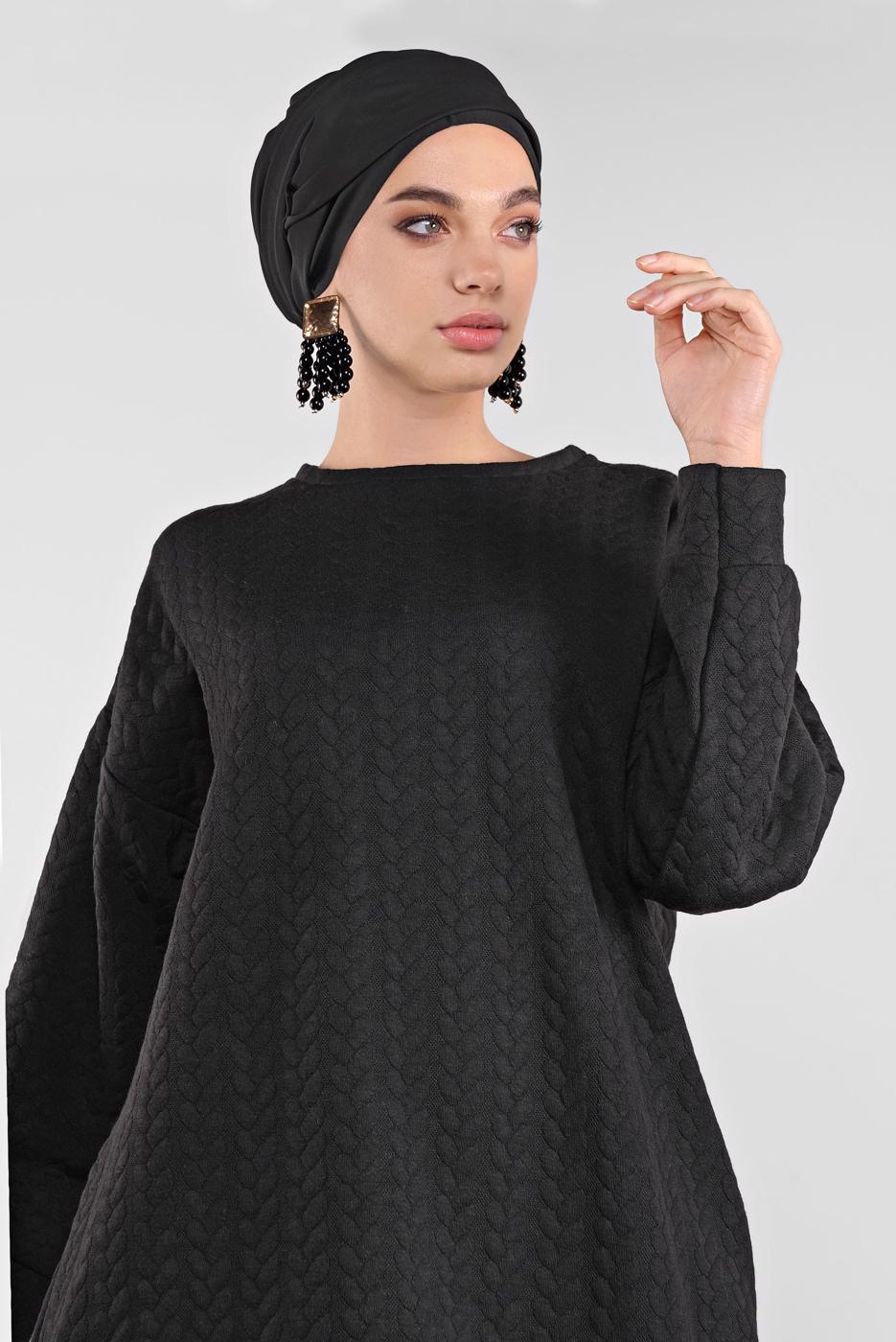 Tesettür giyim SİYAH ÖRGÜ DESENLİ TUNİK  2946 