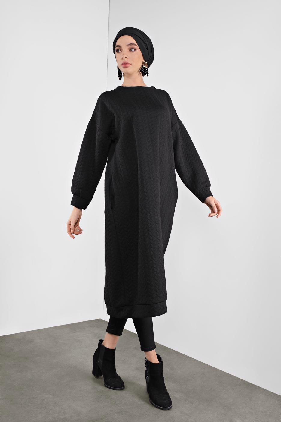 Tesettür giyim SİYAH ÖRGÜ DESENLİ TUNİK  2946 