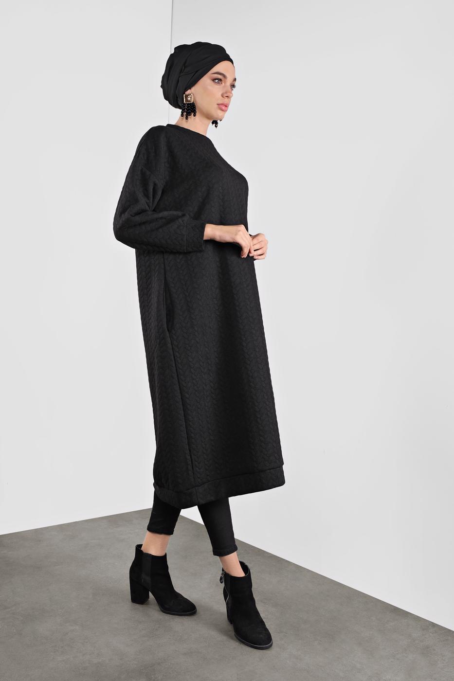 Tesettür giyim SİYAH ÖRGÜ DESENLİ TUNİK  2946 