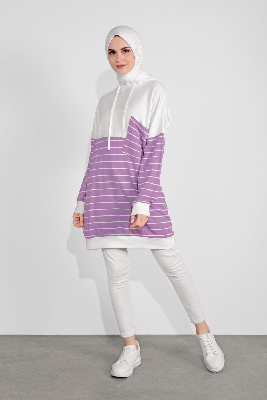 Tesettür giyim KREM ÇİZGİLİ KAPÜŞONLU TUNİK 3736