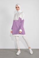 Tesettür giyim KREM ÇİZGİLİ KAPÜŞONLU TUNİK 3736