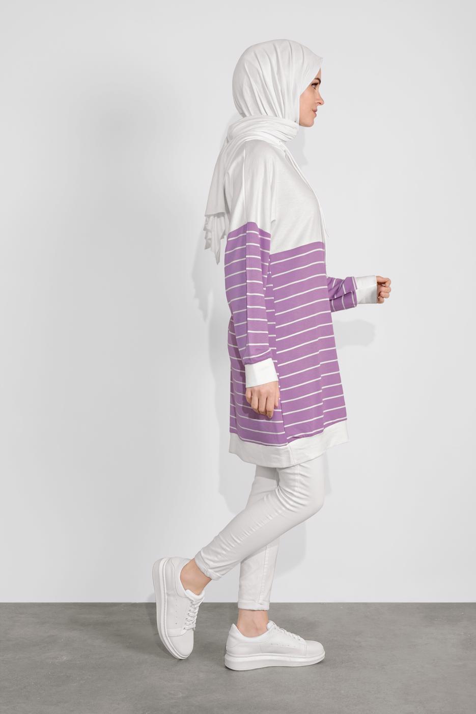 Tesettür giyim KREM ÇİZGİLİ KAPÜŞONLU TUNİK 3736