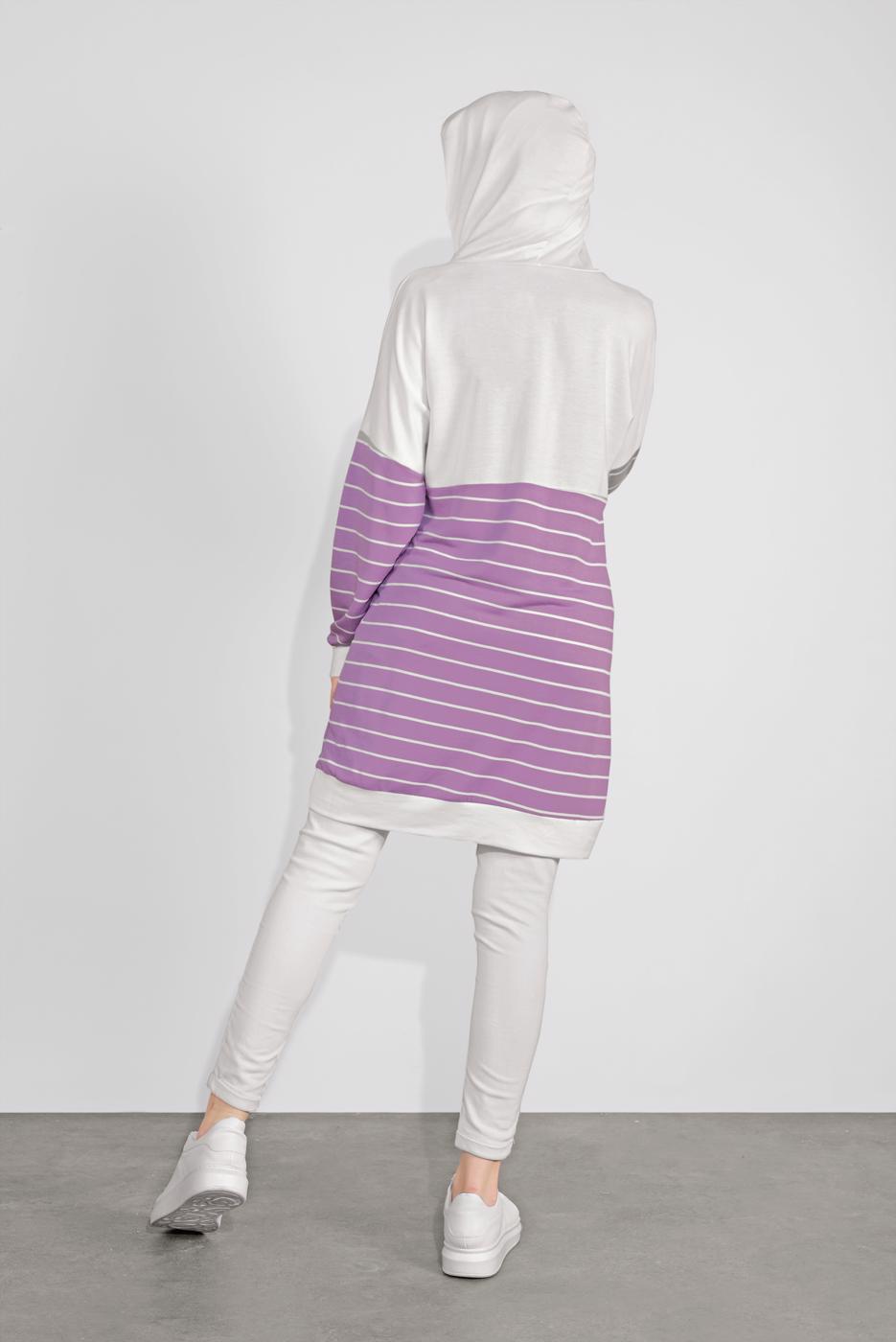 Tesettür giyim KREM ÇİZGİLİ KAPÜŞONLU TUNİK 3736