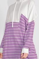 Tesettür giyim KREM ÇİZGİLİ KAPÜŞONLU TUNİK 3736