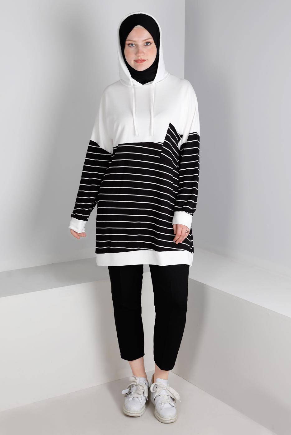 Tesettür giyim KREM ÇİZGİLİ KAPÜŞONLU TUNİK 3736