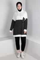 Tesettür giyim KREM ÇİZGİLİ KAPÜŞONLU TUNİK 3736