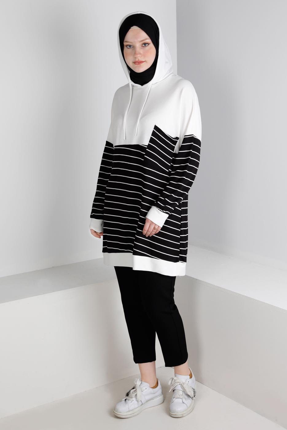 Tesettür giyim KREM ÇİZGİLİ KAPÜŞONLU TUNİK 3736