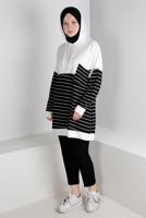 Tesettür giyim KREM ÇİZGİLİ KAPÜŞONLU TUNİK 3736