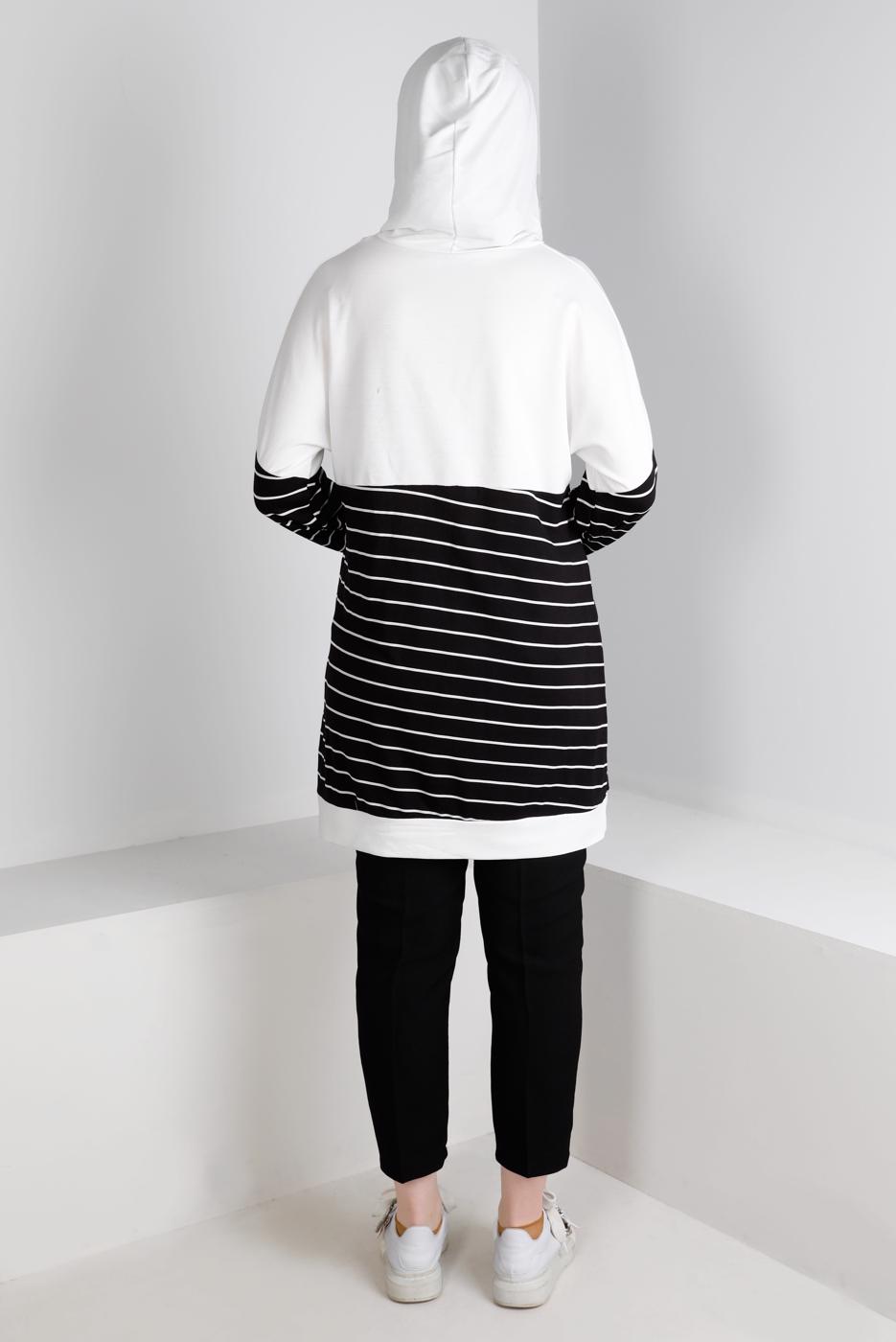 Tesettür giyim KREM ÇİZGİLİ KAPÜŞONLU TUNİK 3736