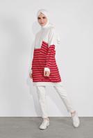 Tesettür giyim KIRMIZI ÇİZGİLİ KAPÜŞONLU TUNİK 3736