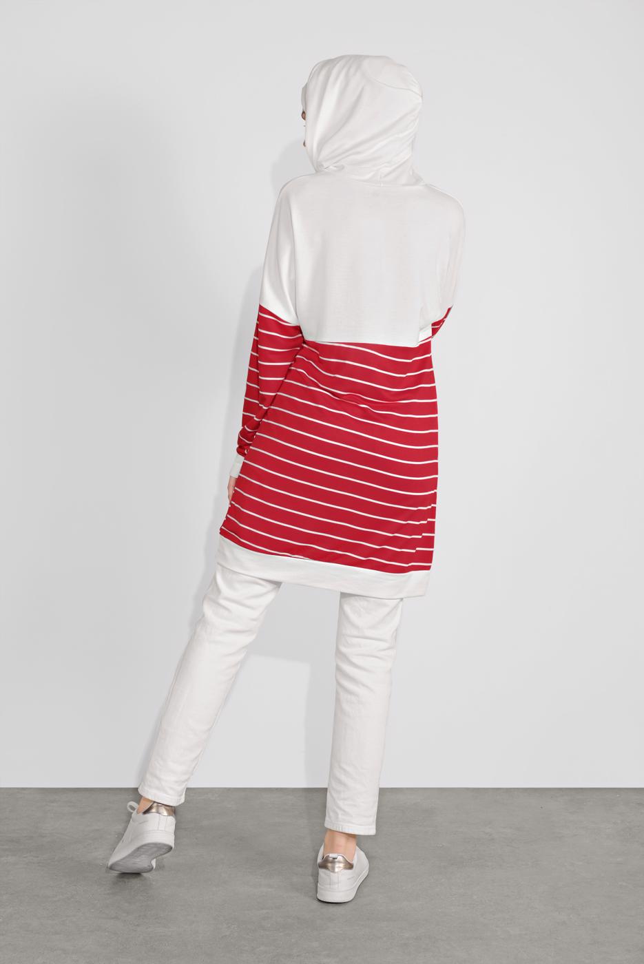 Tesettür giyim KIRMIZI ÇİZGİLİ KAPÜŞONLU TUNİK 3736