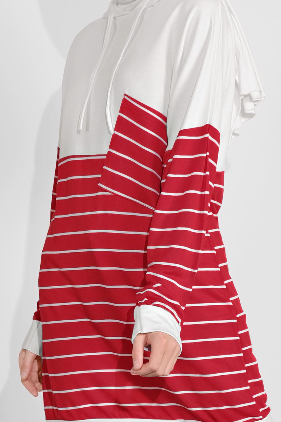 Tesettür giyim KIRMIZI ÇİZGİLİ KAPÜŞONLU TUNİK 3736