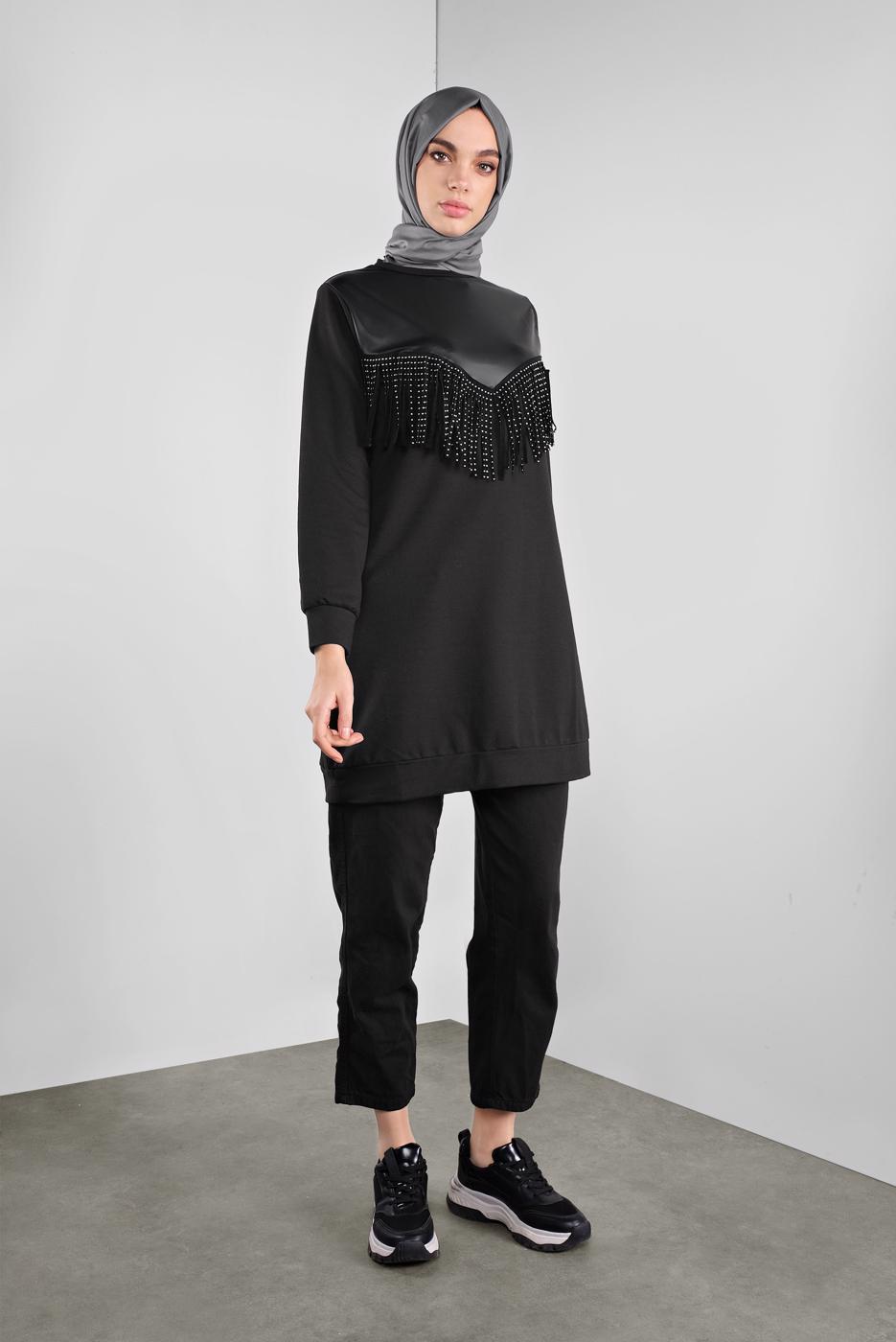 Tesettür giyim SİYAH DERİLİ TAŞ BASKILI TUNİK  3746 