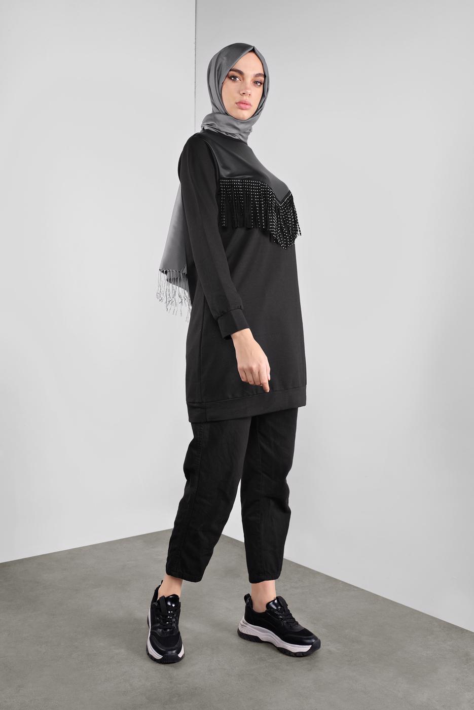 Tesettür giyim SİYAH DERİLİ TAŞ BASKILI TUNİK  3746 