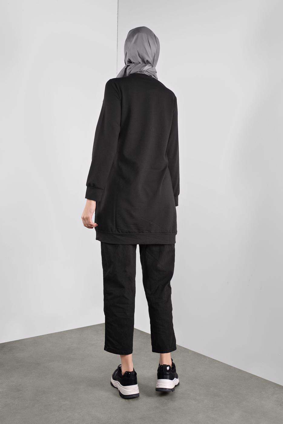 Tesettür giyim SİYAH DERİLİ TAŞ BASKILI TUNİK  3746 