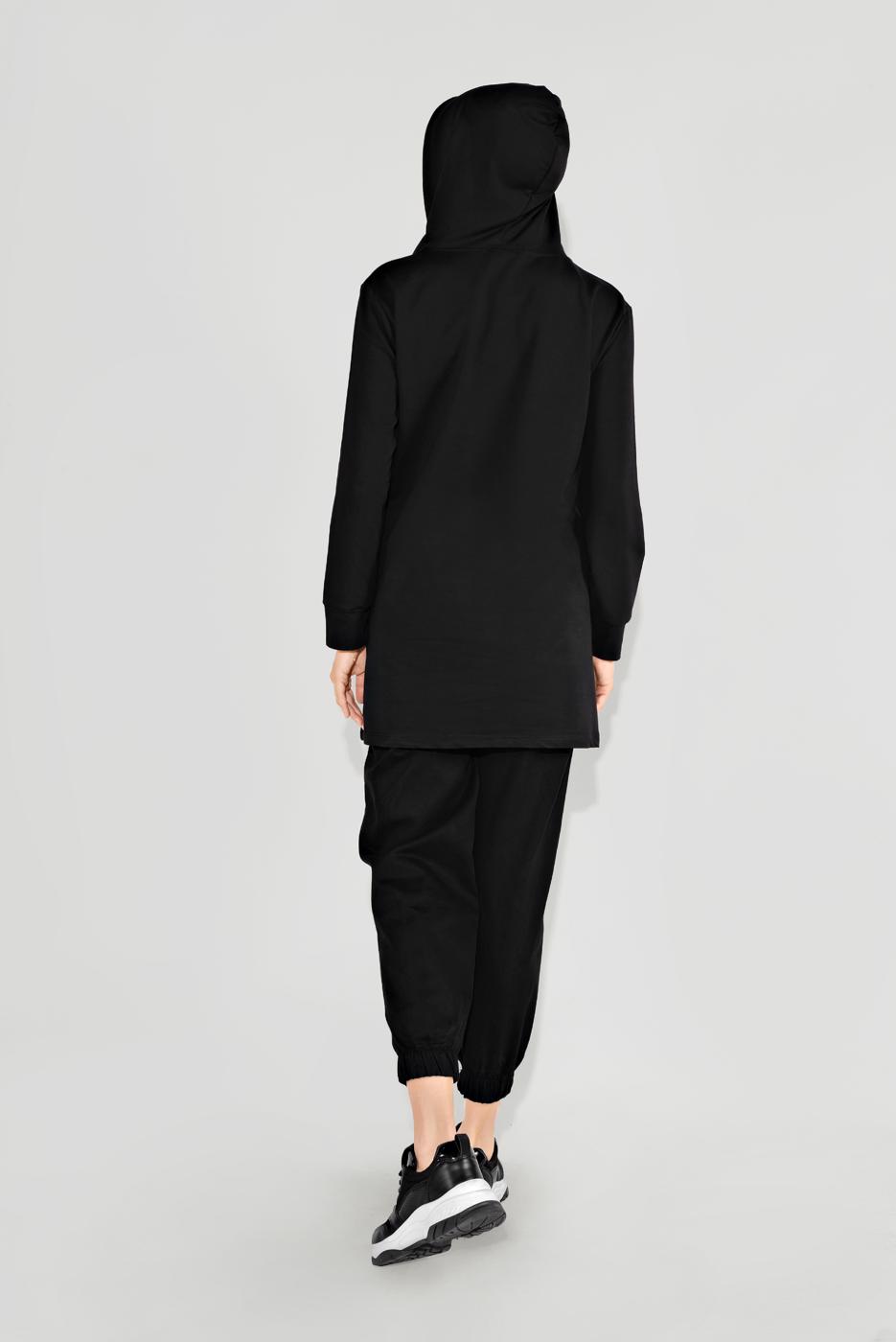 Tesettür giyim SİYAH ÖNÜ BASKILI KAPÜŞONLU TUNİK 4001