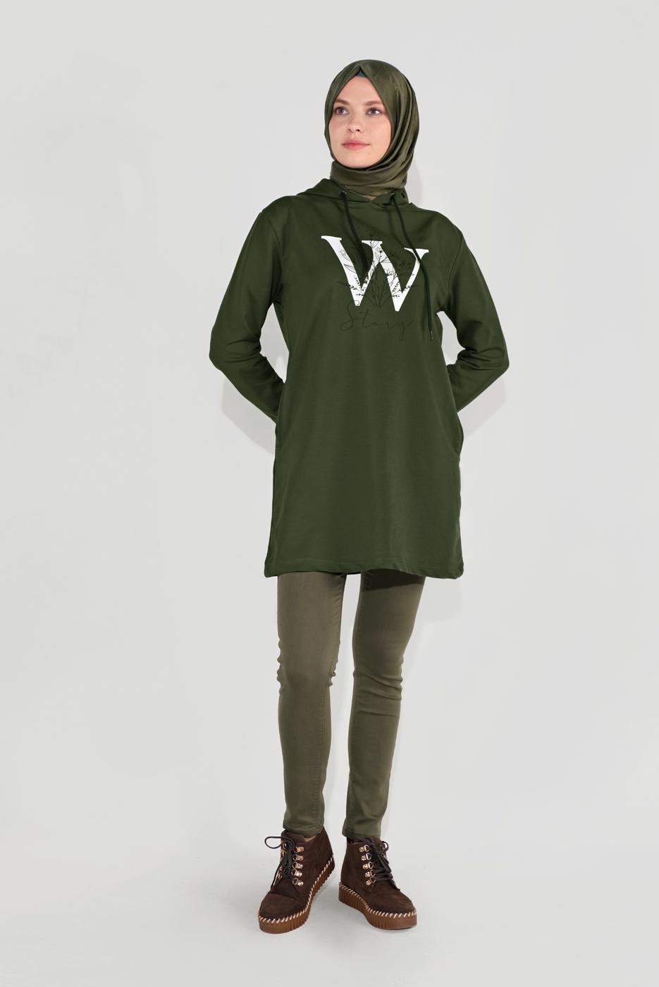 Hijab clothing KHAKI PRINTED HOODED TUNIC 4001