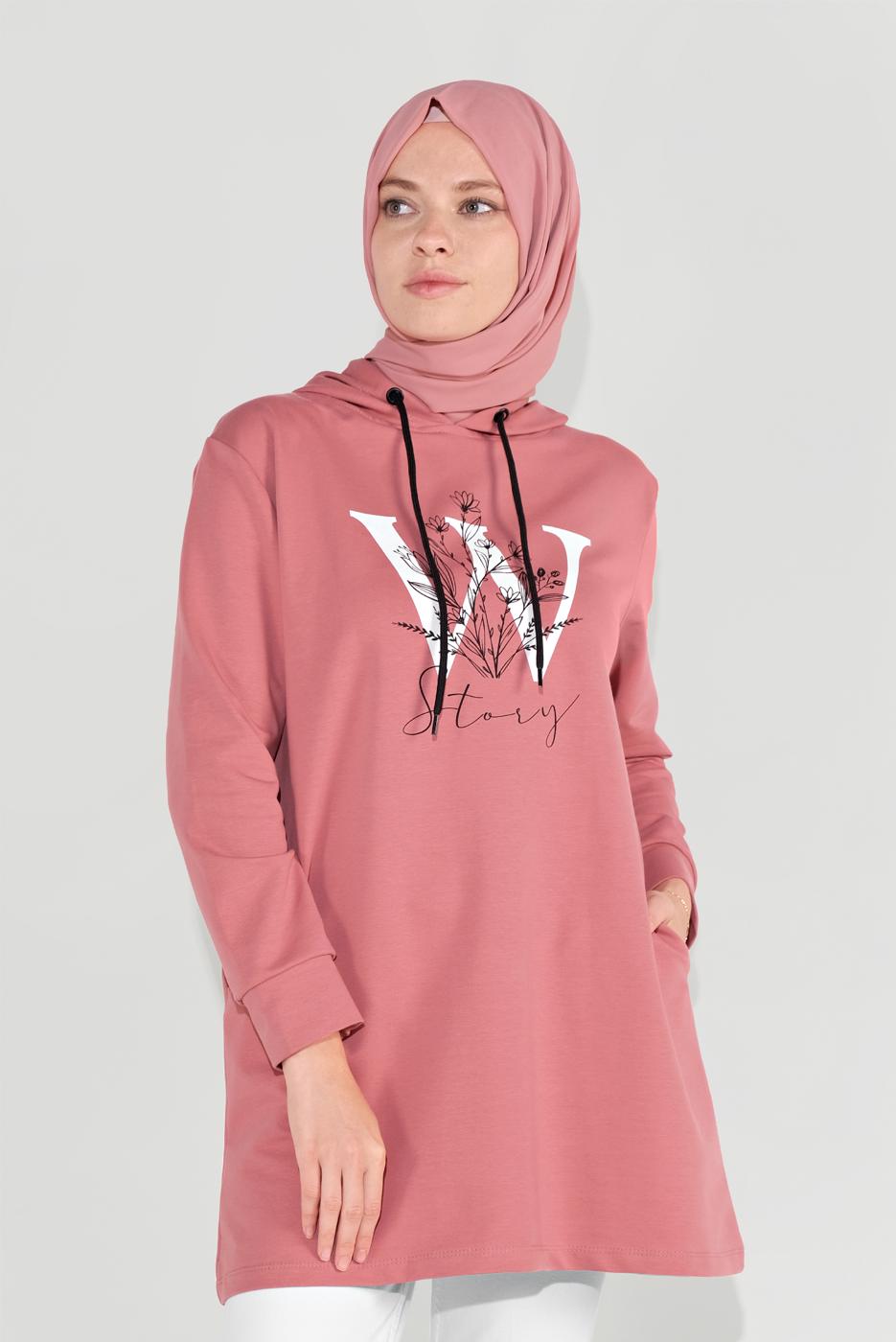 Tesettür giyim PUDRA ÖNÜ BASKILI KAPÜŞONLU TUNİK 4001