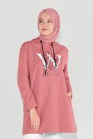 Tesettür giyim PUDRA ÖNÜ BASKILI KAPÜŞONLU TUNİK 4001