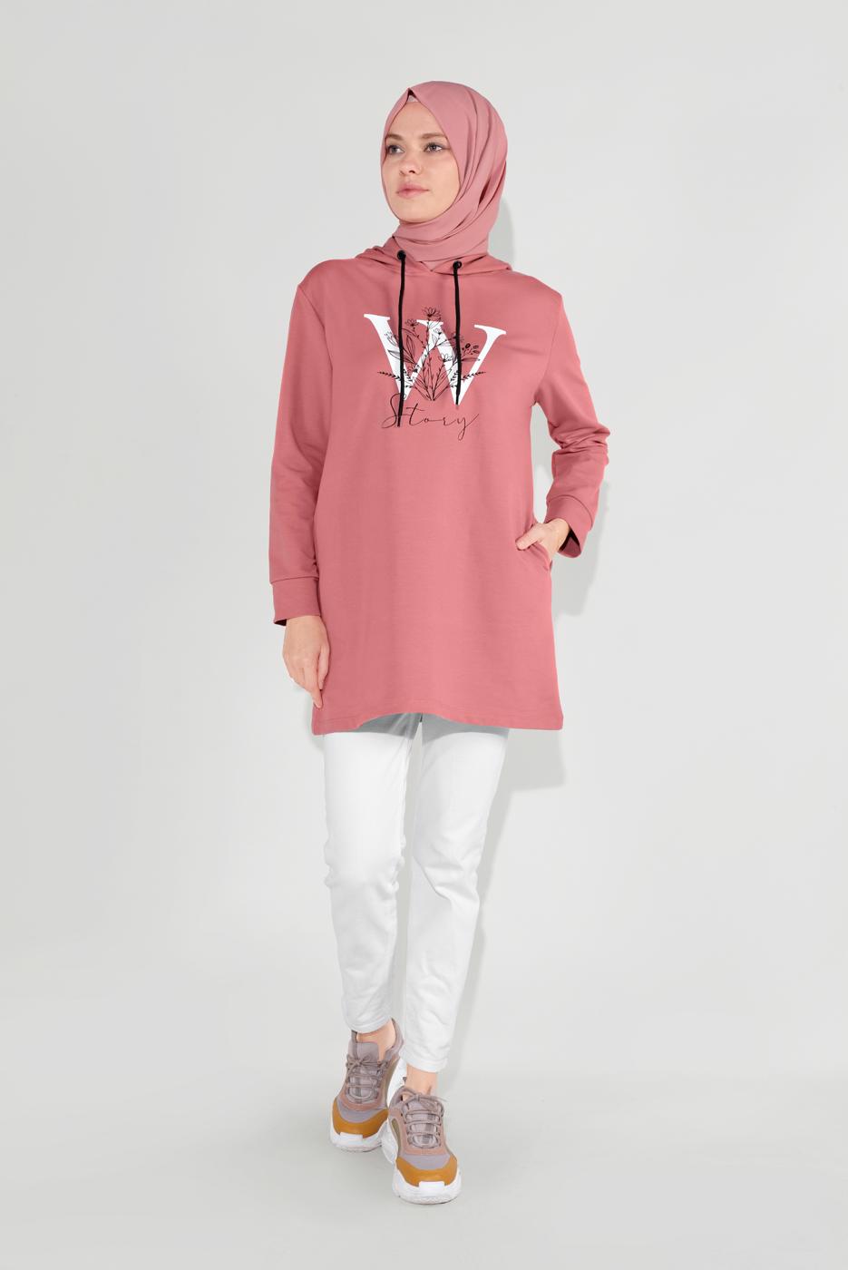 Tesettür giyim PUDRA ÖNÜ BASKILI KAPÜŞONLU TUNİK 4001