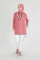 Tesettür giyim PUDRA ÖNÜ BASKILI KAPÜŞONLU TUNİK 4001