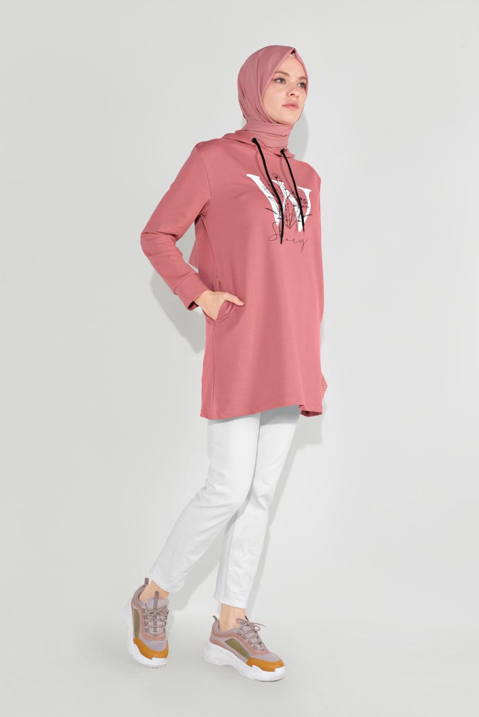 Tesettür giyim PUDRA ÖNÜ BASKILI KAPÜŞONLU TUNİK 4001