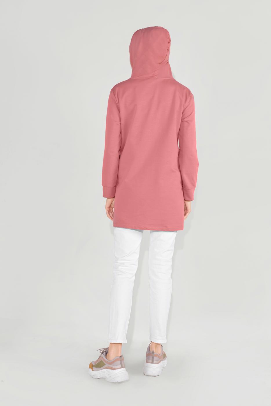 Tesettür giyim PUDRA ÖNÜ BASKILI KAPÜŞONLU TUNİK 4001