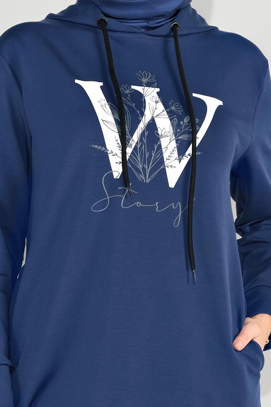 Tesettür giyim LACİVERT ÖNÜ BASKILI KAPÜŞONLU TUNİK 4001